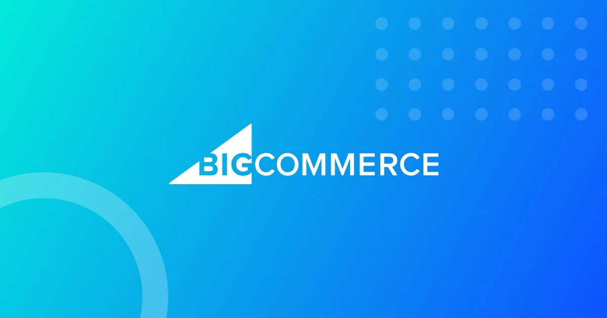 BigCommerce logo in white on a blue gradient background with geometric shapes and dotted pattern.