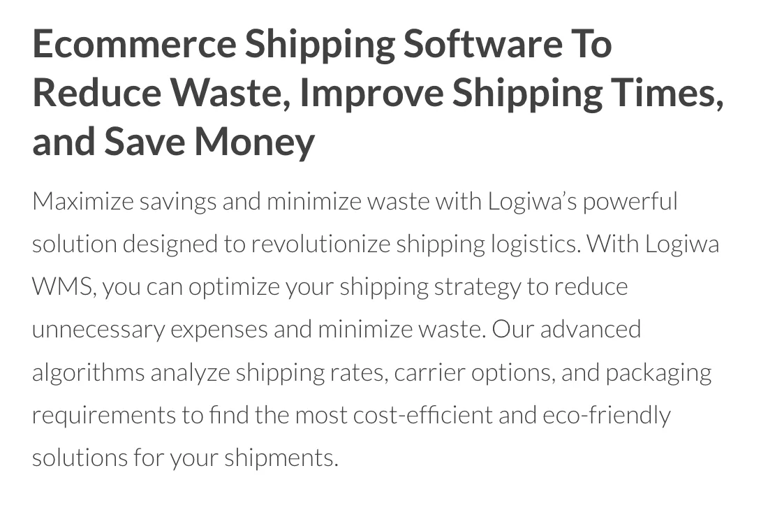 Logiwa WMS ecommerce shipping software copy detailing reduced waste, faster shipping times, and cost savings.