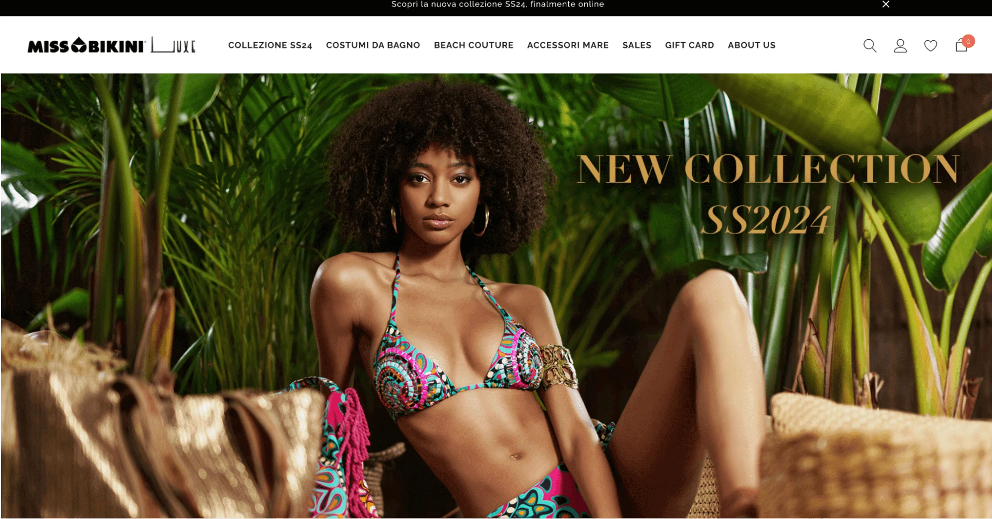 Woman models a colorful, patterned Miss Bikini Luxe SS2024 bikini top against a tropical background