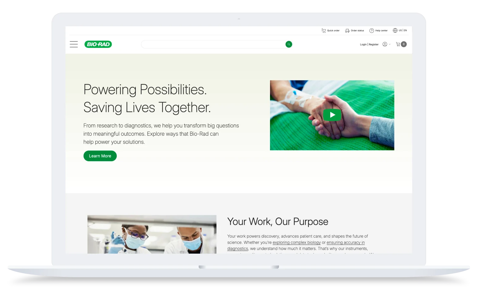 Bio-Rad homepage displayed on a laptop featuring healthcare messaging and laboratory solutions.