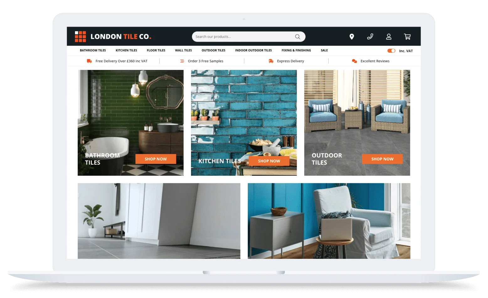 Laptop screen displaying the London Tile Co. homepage with featured categories for bathroom, kitchen, and outdoor tiles.