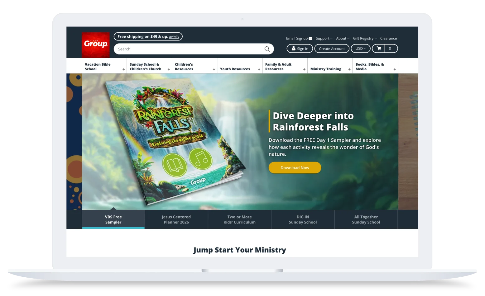 Group Publishing ecommerce homepage on BigCommerce featuring ministry resources and promotional banner for Rainforest Falls curriculum.