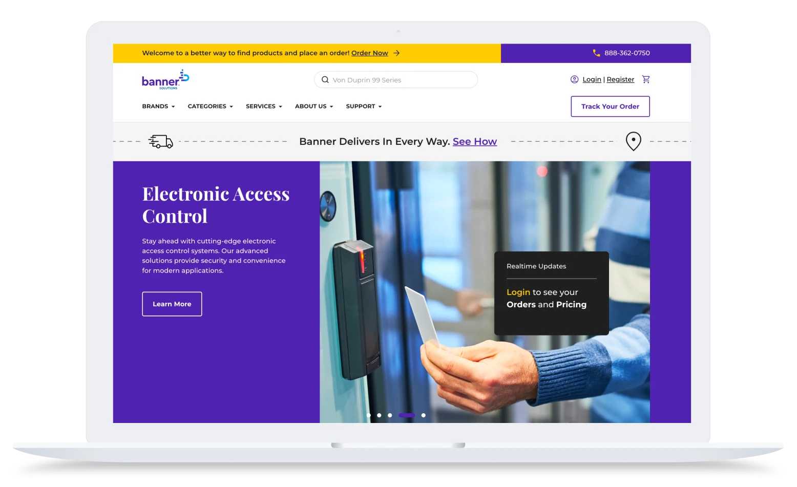 Person holding smartphone near electronic access control card reader on glass door with login prompt overlay displayed.
