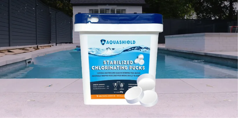A bucket of Aquashield Stabilized Chlorinating Pucks displayed in front of a backyard pool, used as the featured thumbnail image for the Discount Pool Supply case study.