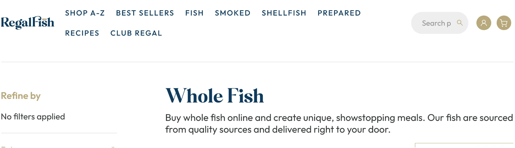RegalFish website navigation bar showing menu options including Shop A-Z, Best Sellers, Fish, Smoked, Shellfish, and Prepared.