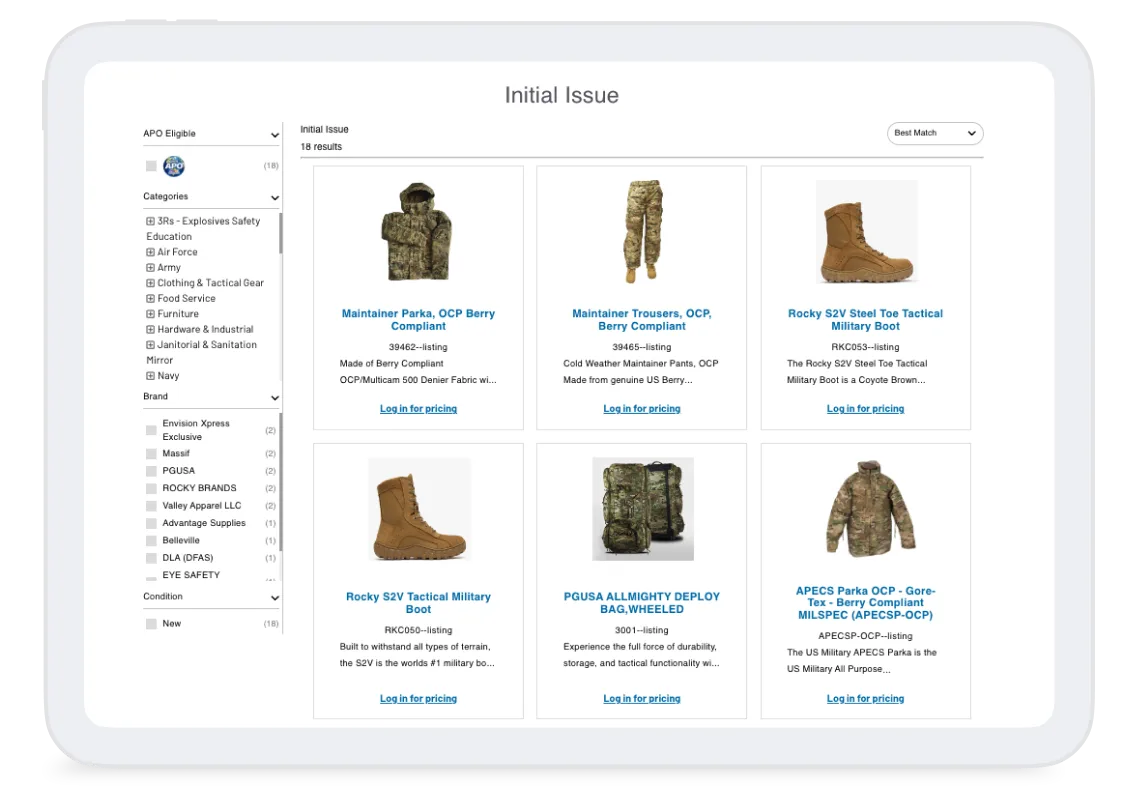 Envision Xpress ecommerce catalog page showing military apparel and boots with filters on left and product tiles under “Initial Issue”.