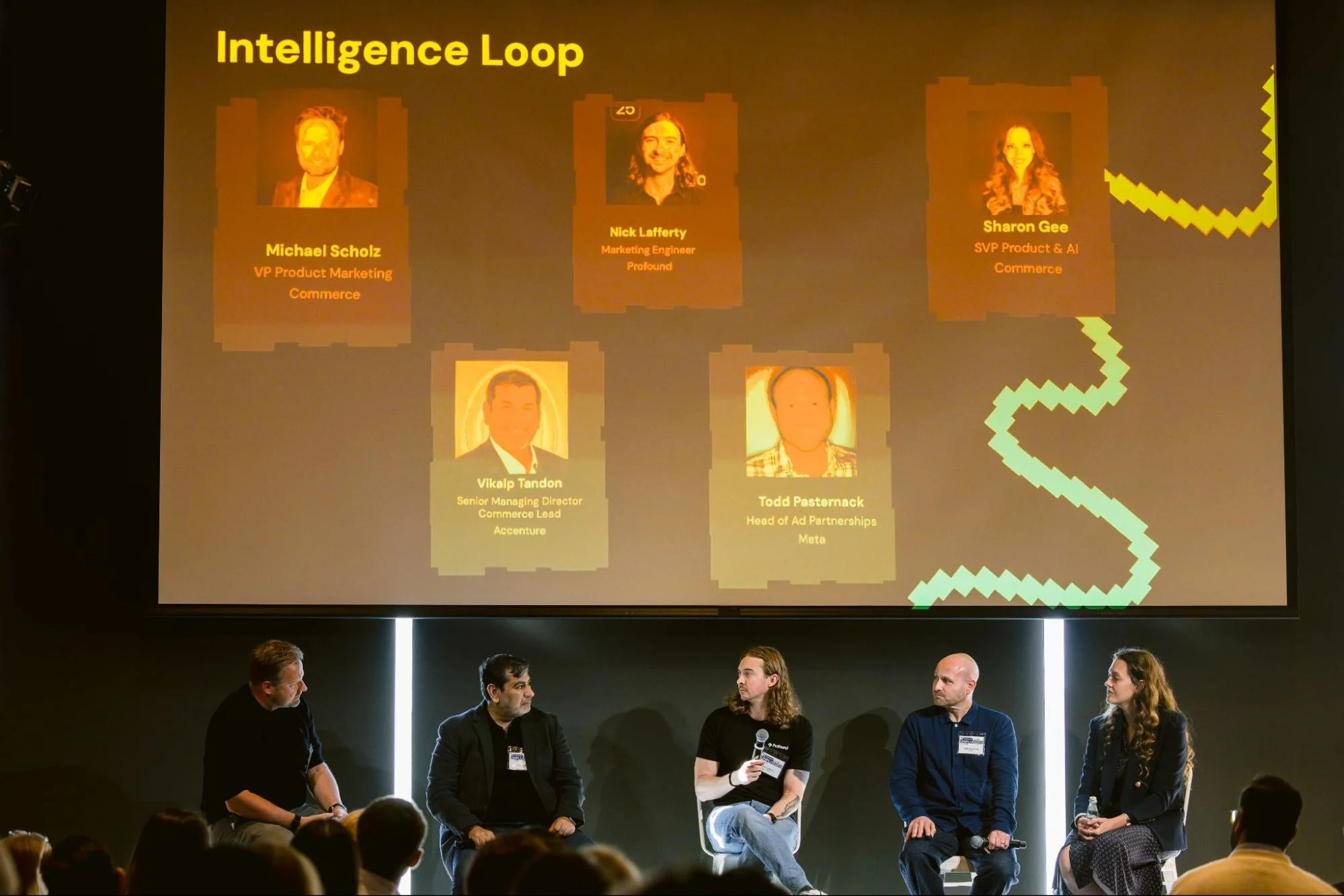 Michael Scholz, VP of Product Marketing, Commerce, Nick Lafferty, Marketing Engineer, Profound, Sharon Gee, SVP of Product & AI, Commerce, Vikalp Tandon, Senior Managing Director and Commerce Lead, Accenture, and Todd Pastemack, Head of Ad Partnerships, Meta during the Commerce Unplugged Intelligence Loop panel.
