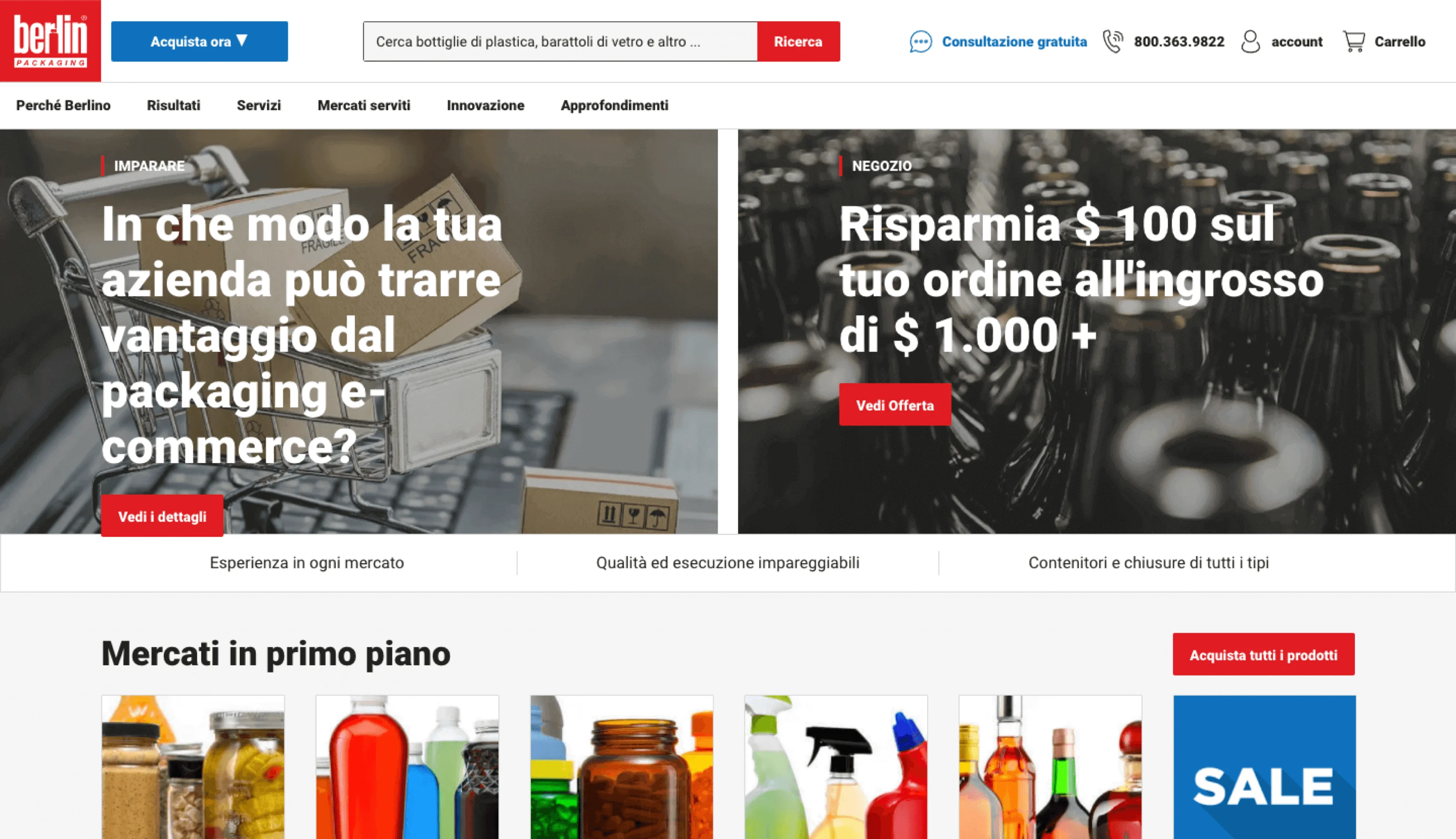 Screenshot of an Italian packaging website showing a shopping cart with boxes and glass bottles, with promotional banners.