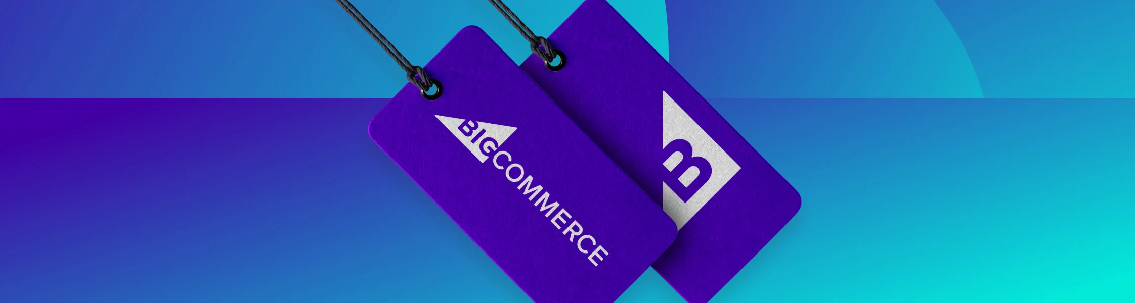 Two purple tags with the BigCommerce logo and text on a blue gradient background, attached by black strings.