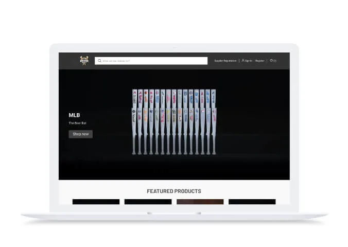 A laptop with The Beer Bat’s landing page showcasing a collection of colorful baseball bats.