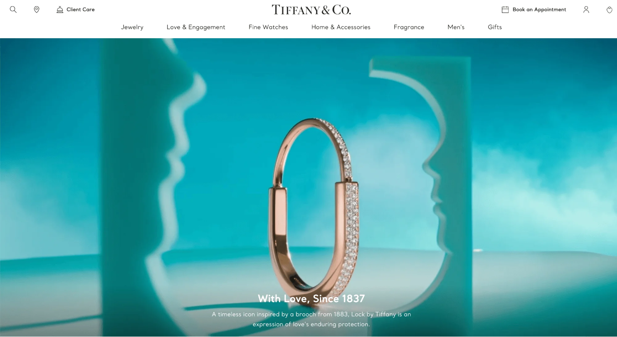 Tiffany & Co. Homepage - Rose Gold Lock with diamonds on Tiffany Blue Background