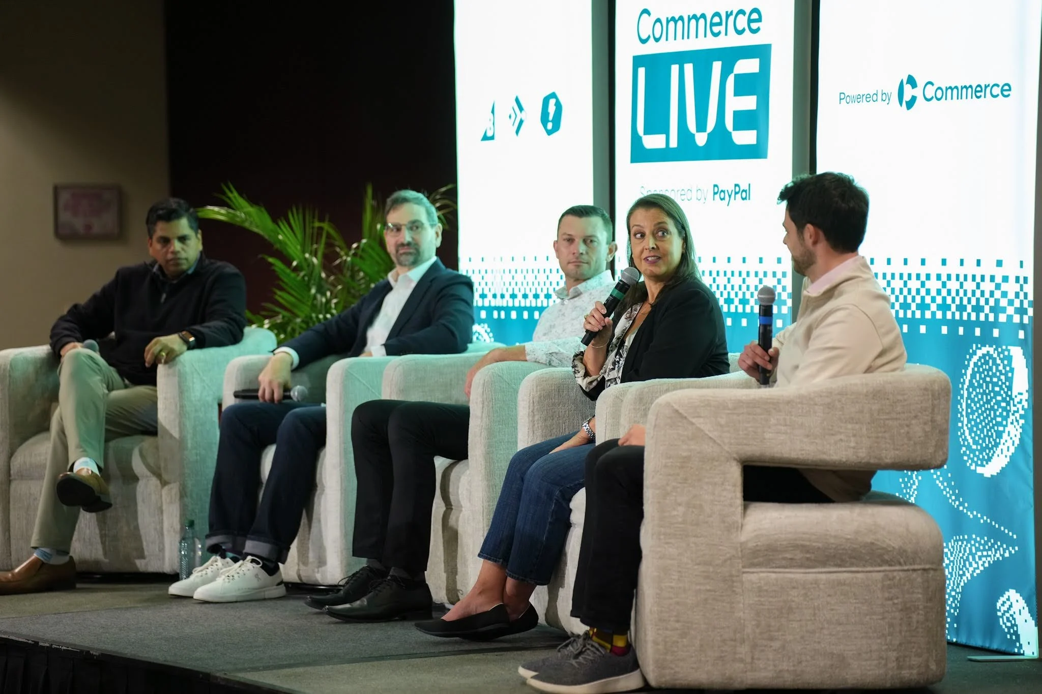 From left, Raj Mohan, Oldcastle; Joe Cicman, Forrester, Travis Powers, Arrow Tool Group; Christy Doshi, Smurfit Westrock; Lance Owide, Commerce, on stage at Commerce Live 2026.