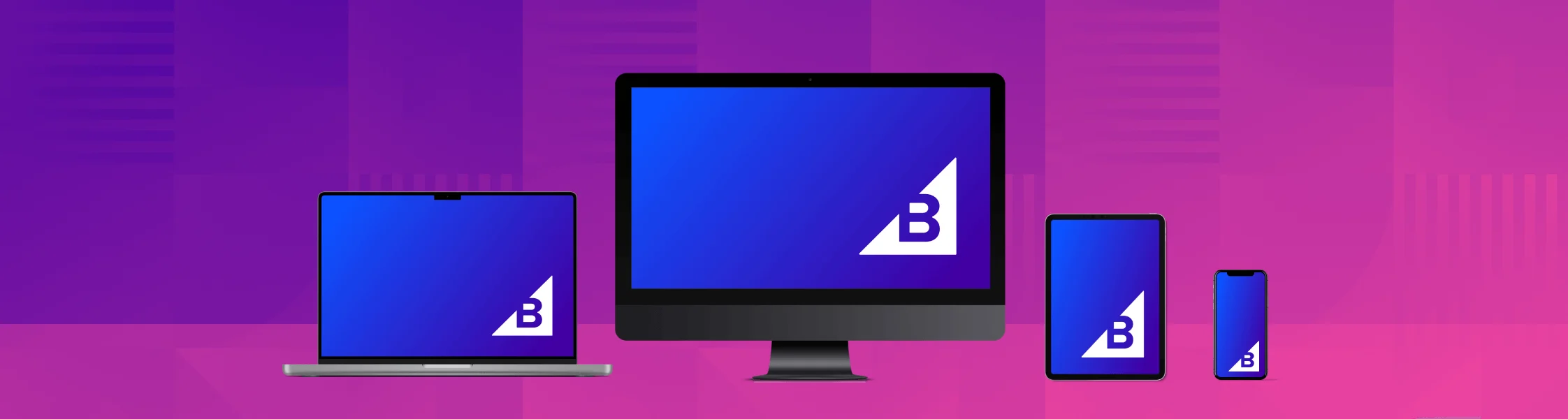 Laptop, desktop, tablet, and smartphone with blue screens and white B logo on a pink and purple geometric background.