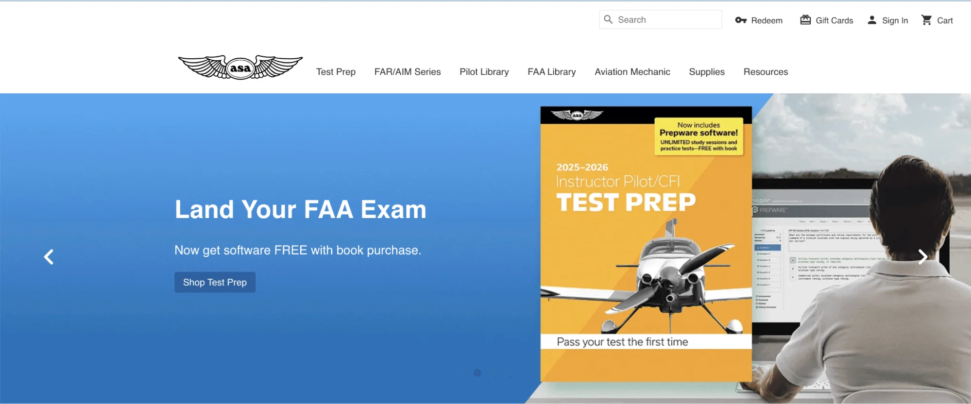 Aviation Supplies and Academics (ASA) banner promoting flight exam test prep with the text: Land Your FAA Exam. Now get software FREE with book purchase.