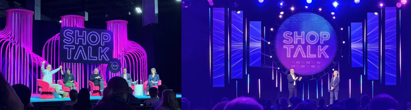 Speakers at Shoptalk 2026, featuring a vibrant pink ribbed backdrop and circular digital stage display.