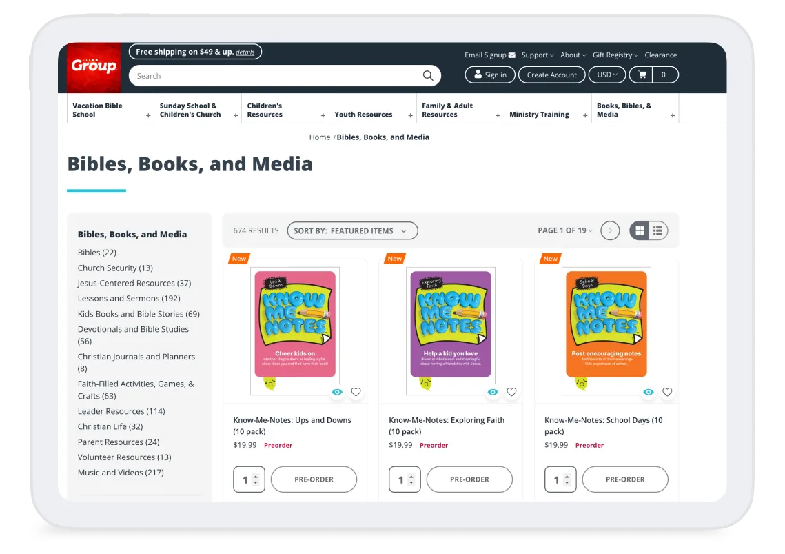 Group Publishing product listing page on BigCommerce showing Bibles, books, and media with category filters and product grid.