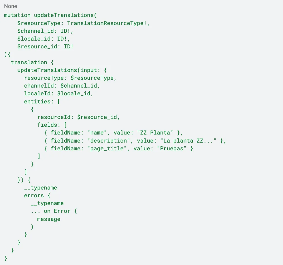 Code snippet showing a GraphQL mutation for updateTranslations with resource type, channel, locale, and field parameters.
