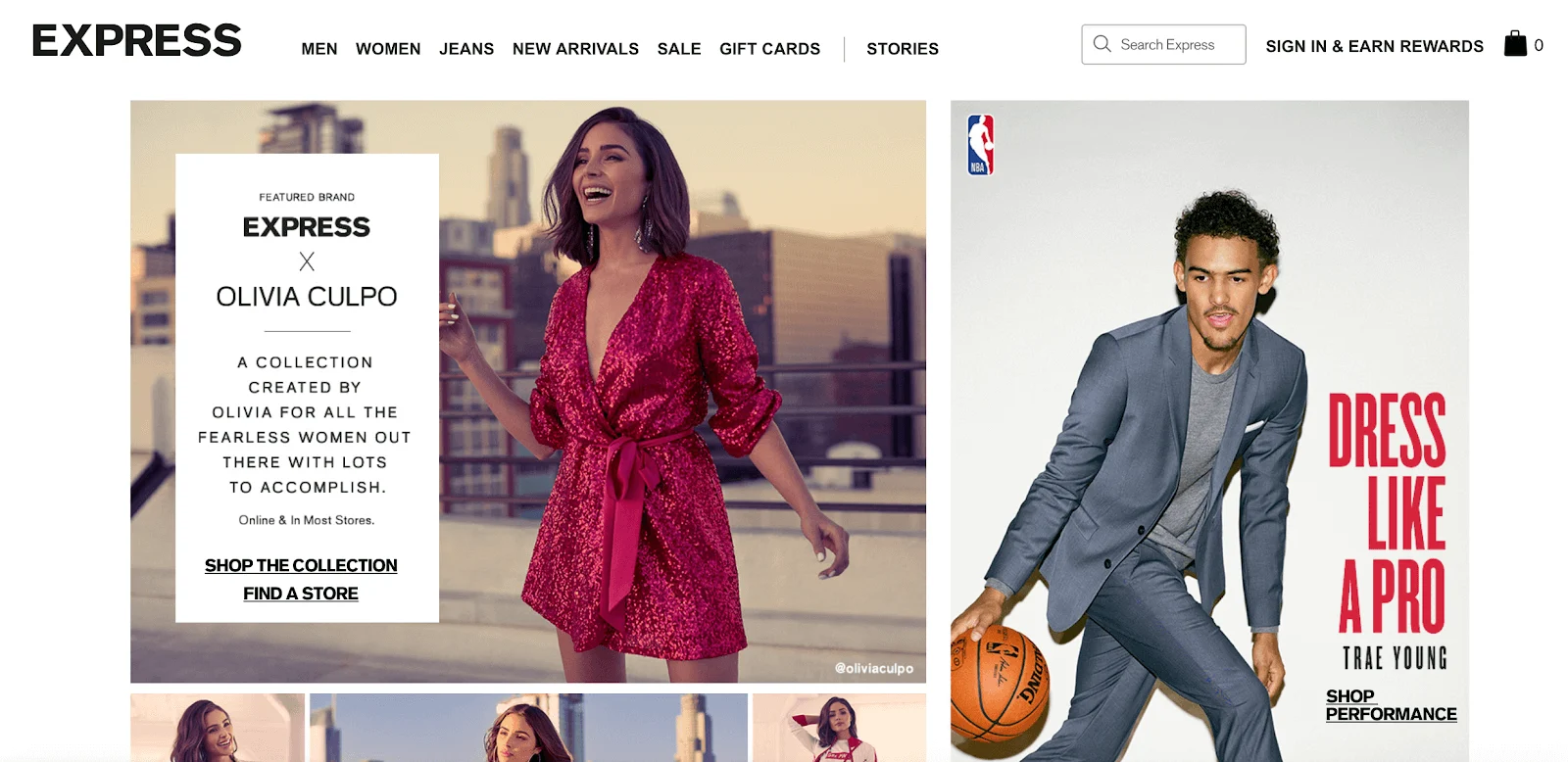 Express Homepage with Imagery of woman in pink sequin dress and man in gray suit with a basketball