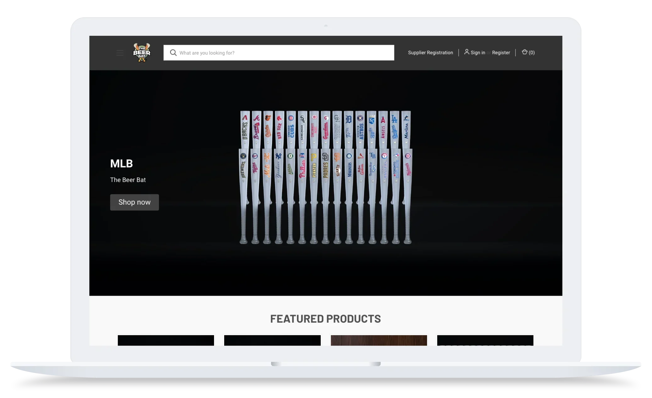 Laptop screen showing a website with MLB-themed beer bats in a row on a black background and a "Shop now" button.