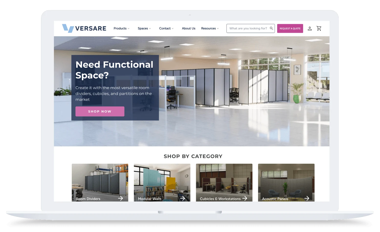 Versare website homepage showing modern office space with room dividers and navigation menu for workspace solutions.