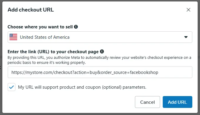 Add checkout URL in Meta Commerce Manager