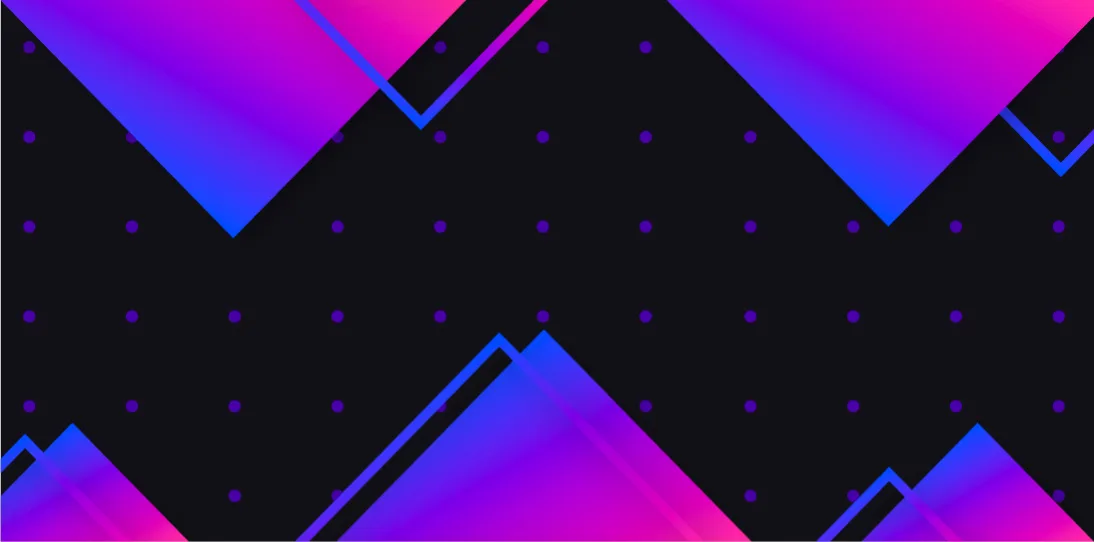 Abstract background with neon pink and blue geometric shapes on a black field with small purple dots.