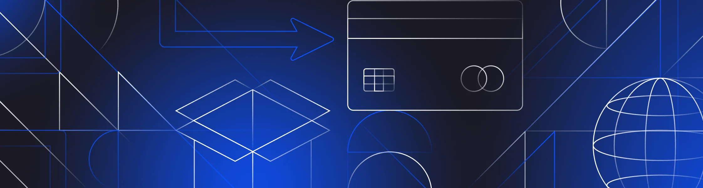 Abstract illustration on a dark blue gradient with white outlines of a credit card, a globe, an arrow, and geometric shapes, symbolizing commerce and operations.