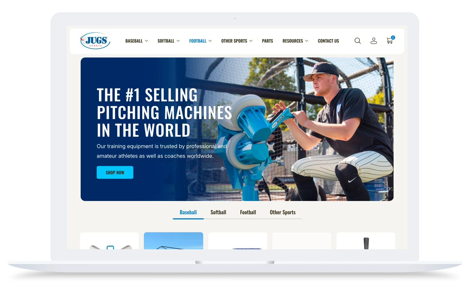 Baseball player in black shirt using blue JUGS pitching machine at batting cage with text promoting number one selling machines.