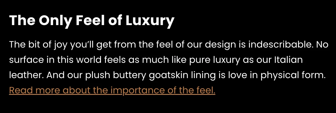 Text graphic reading "The Only Feel of Luxury" highlighting custom Italian leather and goatskin lining design.