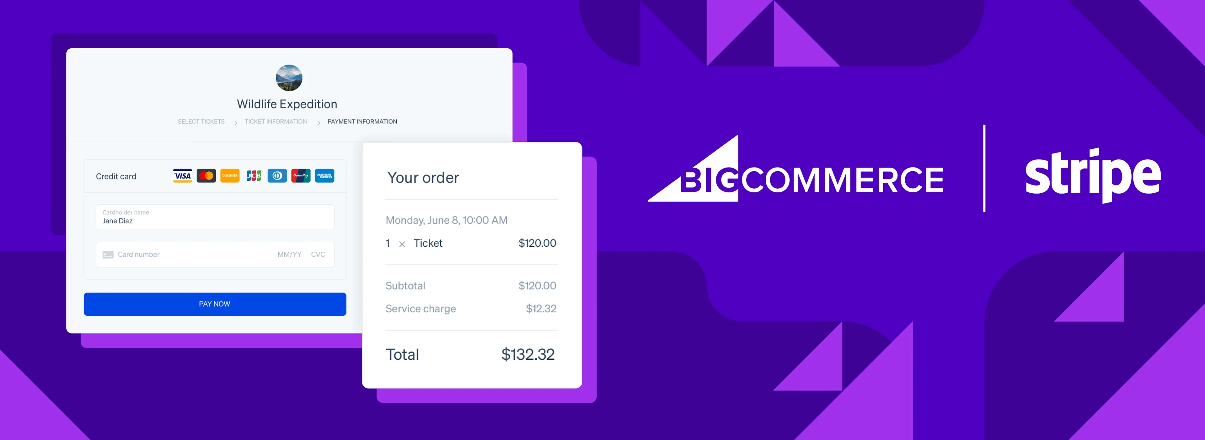 BigCommerce and Stripe logos on purple background with payment interface showing Wildlife Expedition ticket order for $132.32