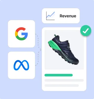 Digital advertising concept showing Google and Meta logos with athletic shoe product ad, revenue graph, and approval checkmark