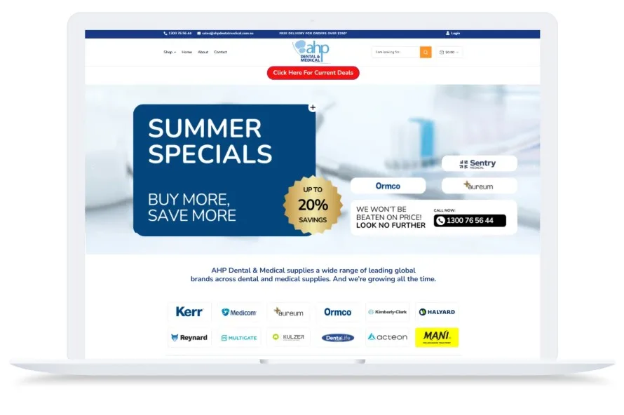 Laptop displaying AHP Dental & Medical landing page. Text on screen reads ‘Summer Specials