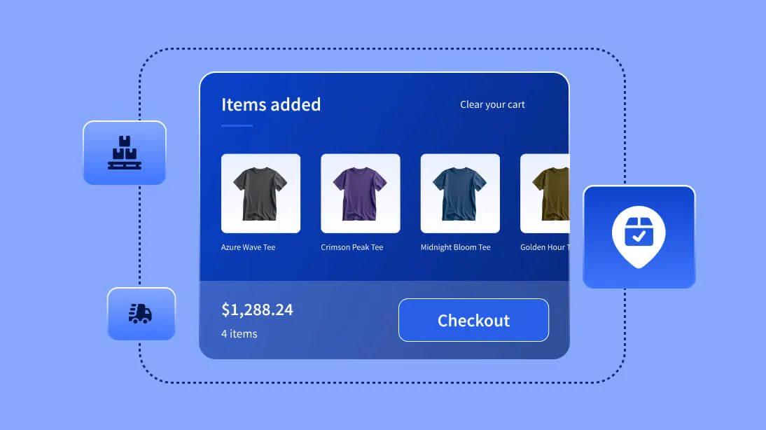 Shopping cart interface showing four t-shirts, total price of $1,288.24, and a blue checkout button on light blue background.