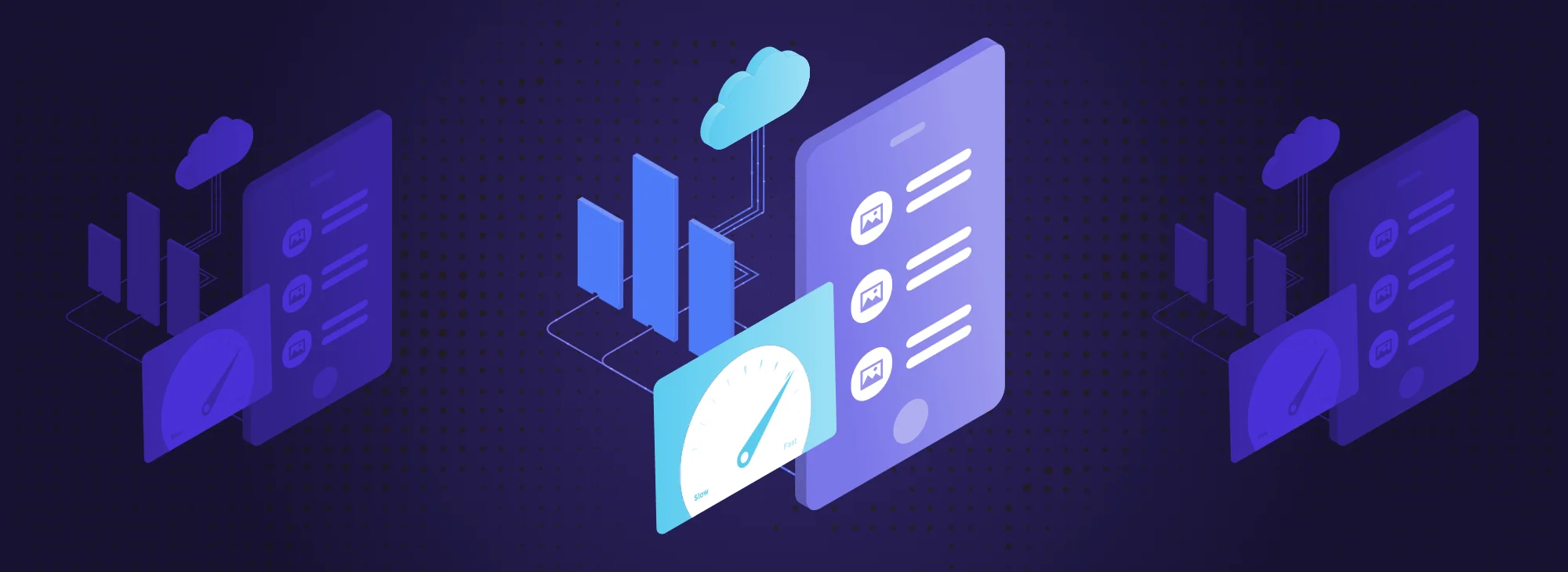 Isometric illustration of cloud computing interface with speed gauge, mobile screens, and data bars in purple and blue gradient colors