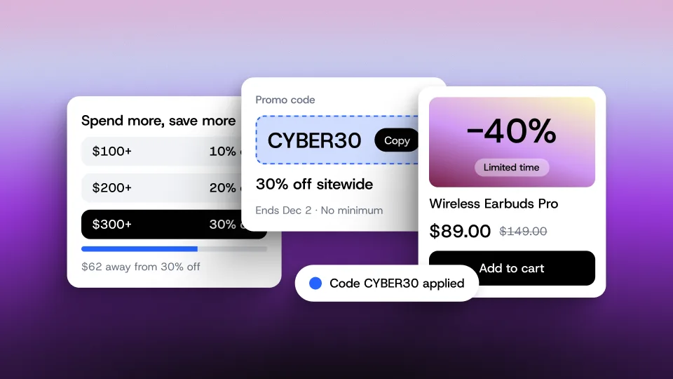 E-commerce promotional interface showing tiered discounts, CYBER30 promo code popup, and 40% off Wireless Earbuds Pro deal.