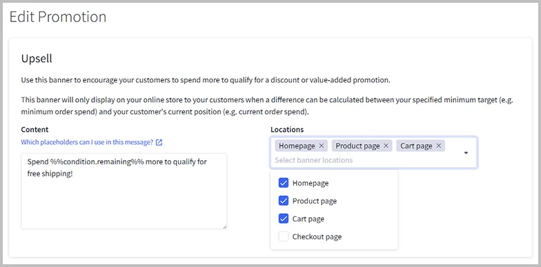Editing an upsell promotion banner in the BigCommerce control panel