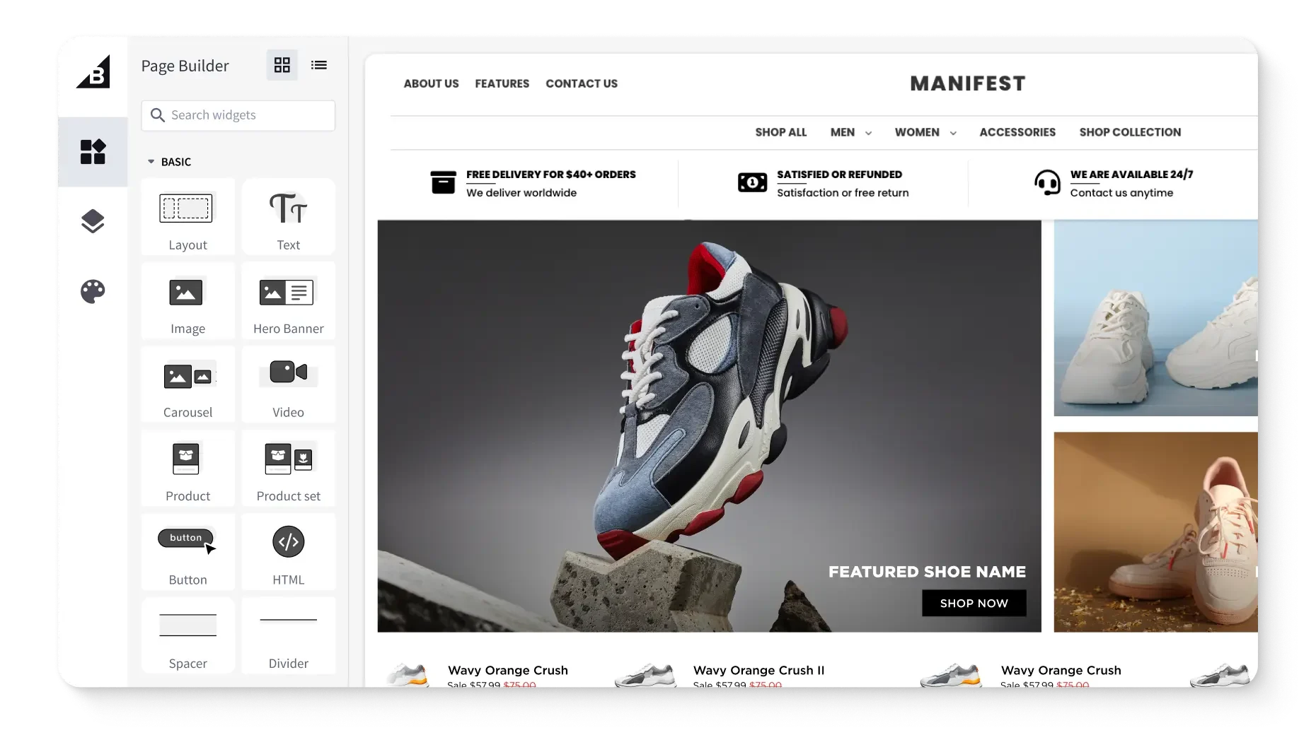 Ecommerce website builder interface showing a sneaker product page with shoe images and design widgets on the left sidebar.