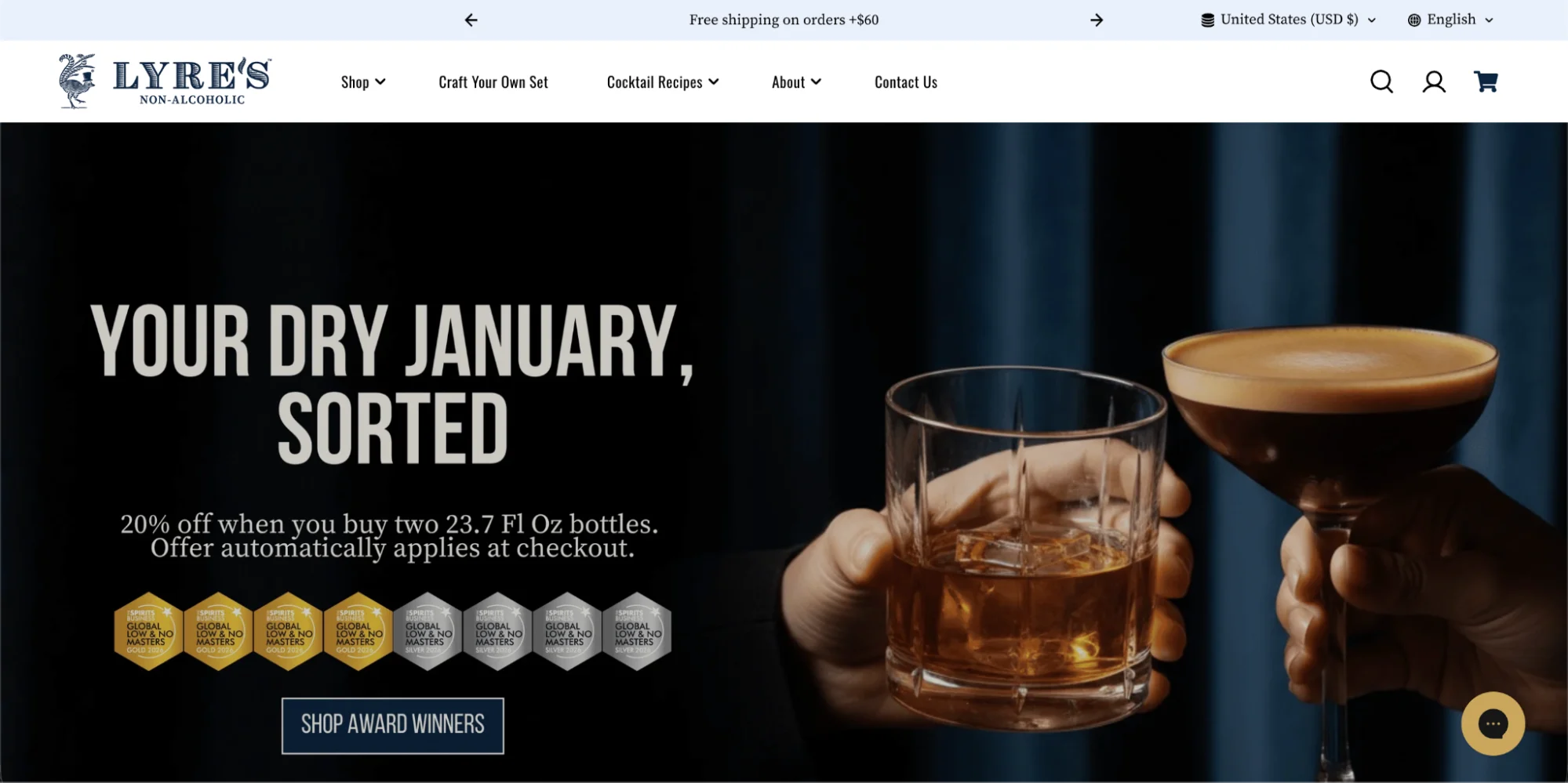 Lyre’s non-alcoholic cocktails and award-winning spirits for Dry January with 20% off promotion.