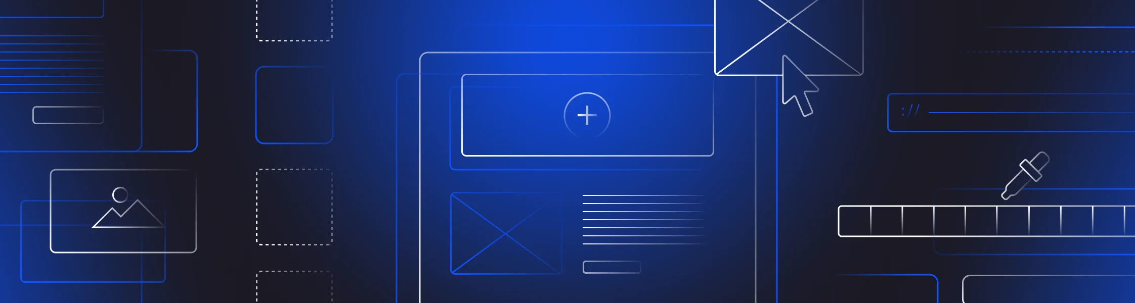 Abstract illustration of website wireframes, a cursor, a color dropper tool, and a loading bar, symbolizing web design and development.