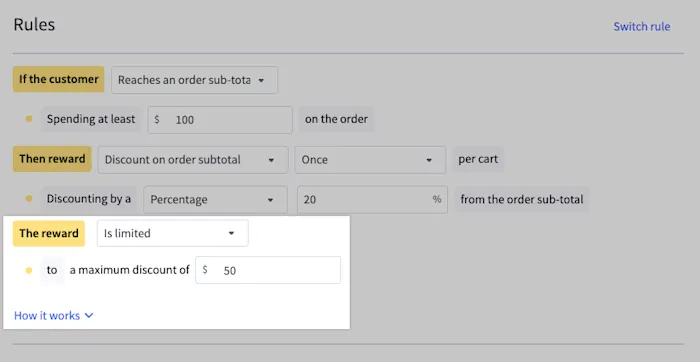 Promotion rules creation page for Promotions Manager. Showing a new section that allows the configuring of max discount values.