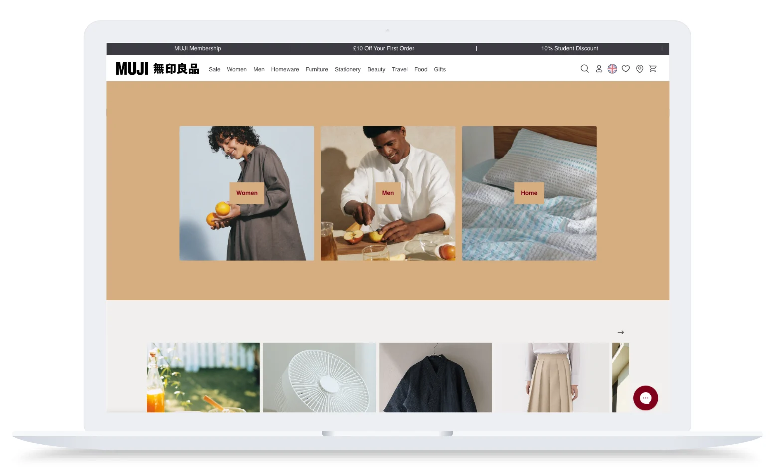 Laptop screen showing MUJI website with categories for Women, Men, and Home, each with related images and soft colors.