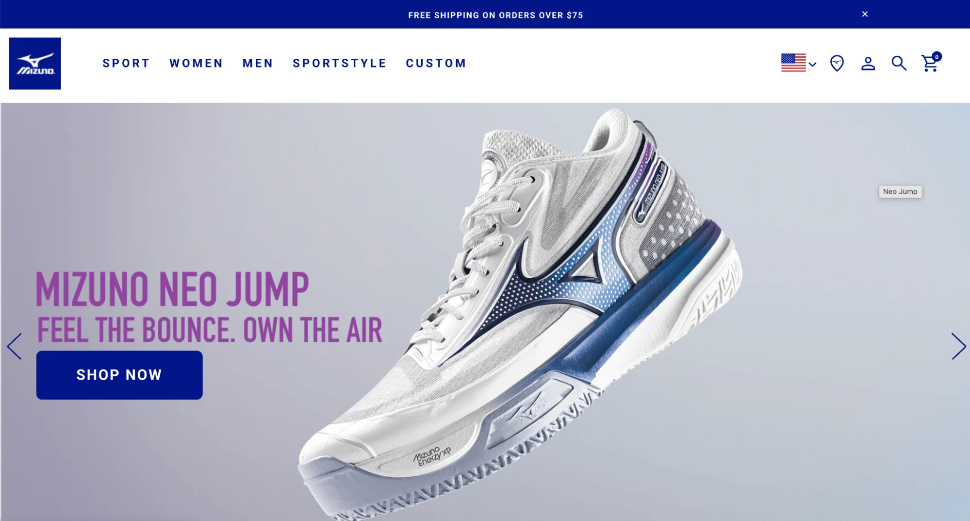 Mizuno ecommerce website home page.