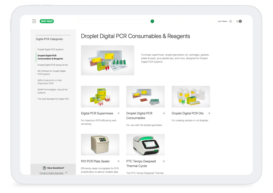 Bio-Rad ecommerce product category page displaying Droplet Digital PCR consumables and reagents on a tablet device.