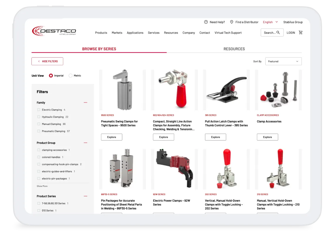 Product catalog page showing various industrial clamps and accessories with filter options on the left sidebar.