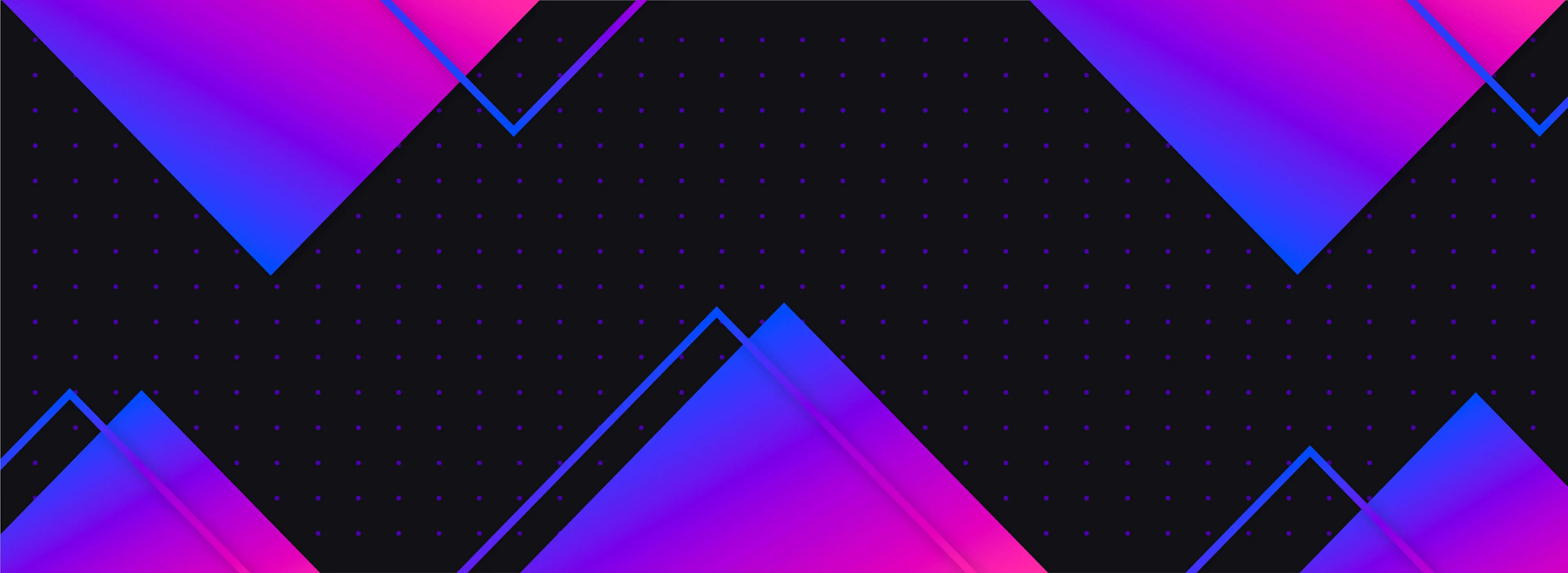 Abstract background with pink and blue gradient triangles on a black backdrop with small purple dots and geometric lines.