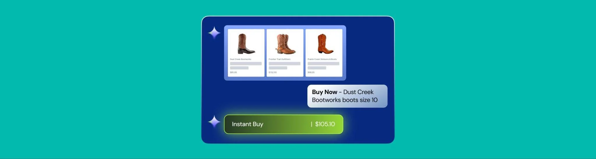 AI shopping model interface showing boot product cards and a glowing "Instant Buy" checkout button.