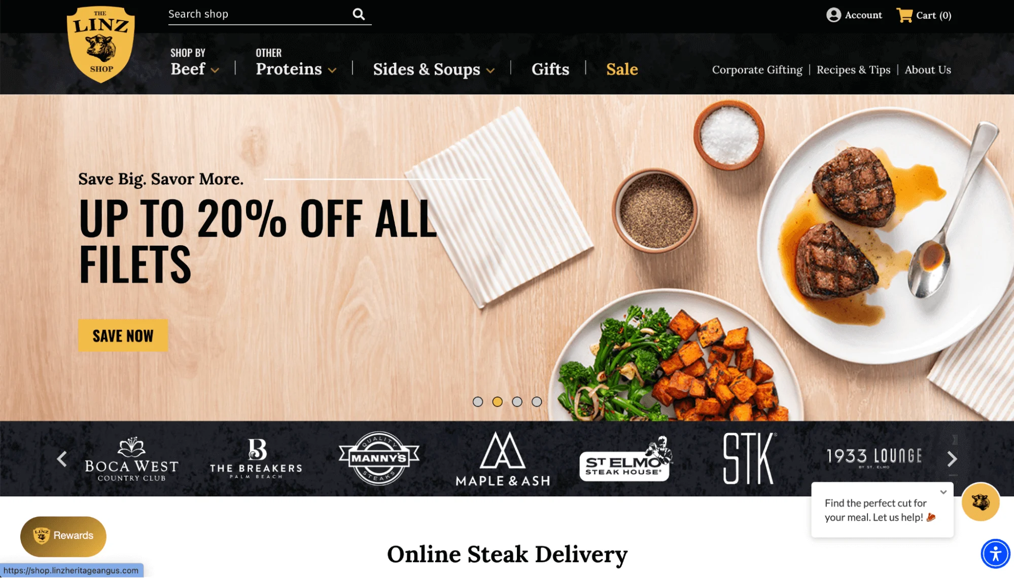Website banner showing two grilled filet steaks on a plate, vegetables, and text offering up to 20% off all filets.