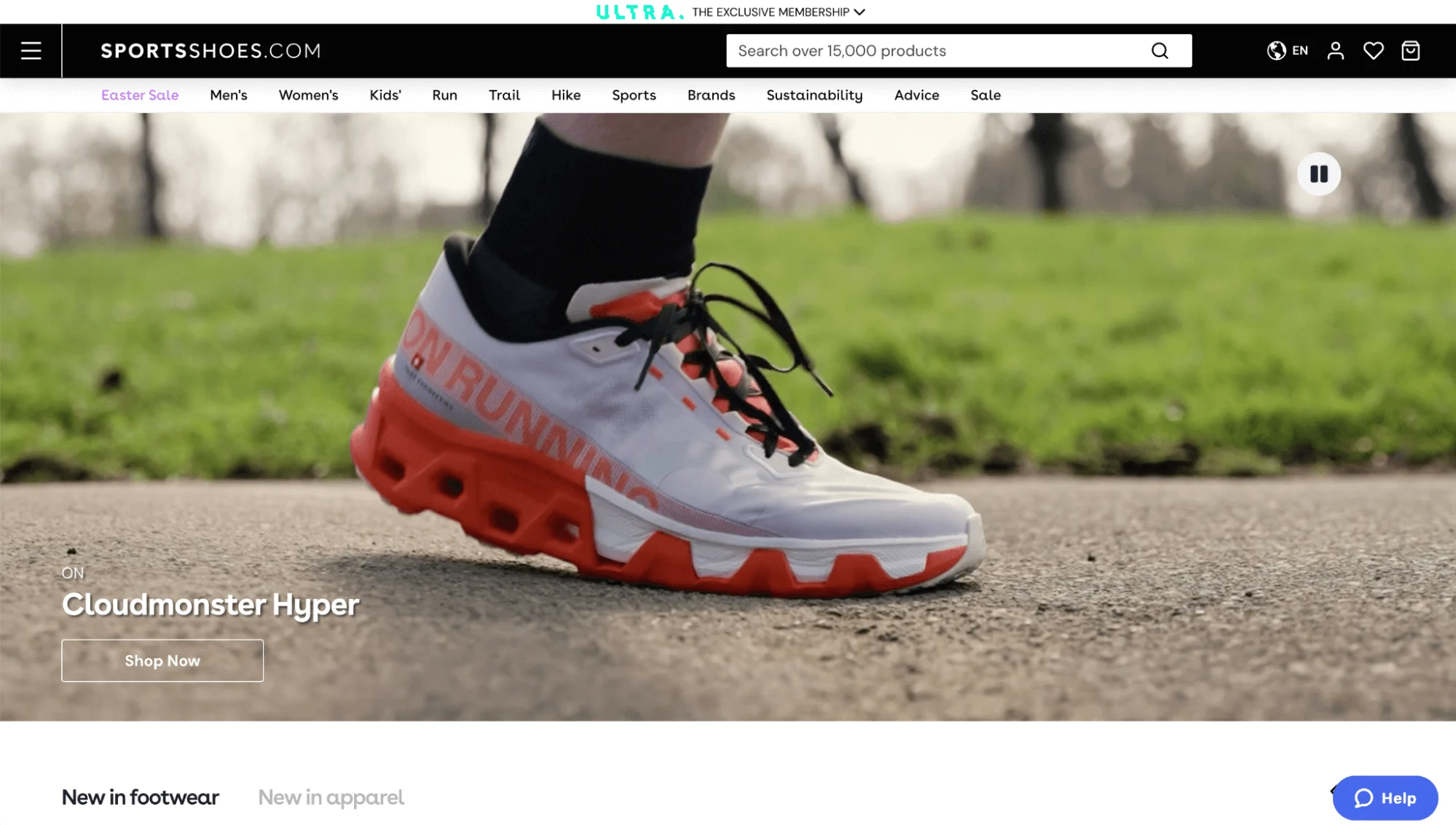 SportsShoes.com Homepage with running shoe on pavement.