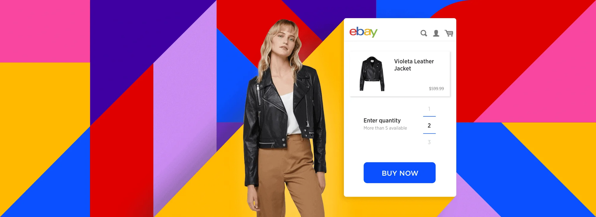 Woman in a black leather jacket stands by an eBay purchase screen on a colorful geometric background.