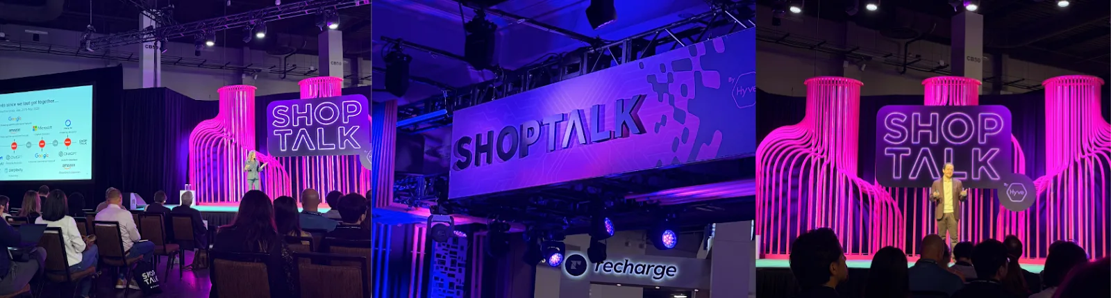 Speakers on the Shoptalk 2026 main stage featuring vibrant pink architectural backdrops and large event branding.